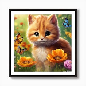 Orange Kitten With Butterflies Art Print