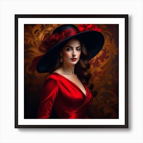 Beautiful Woman In Red Dress With Hat 2 Art Print
