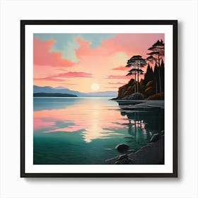 Minimalist Landscape Lake Taupo Sunset Vibrant With Shades Of Blush Pink Pale Blue Art Print