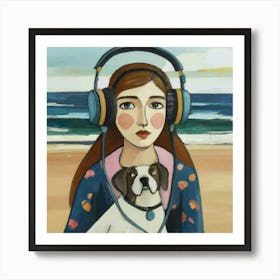 Girl With Headphones And Dog Art Print