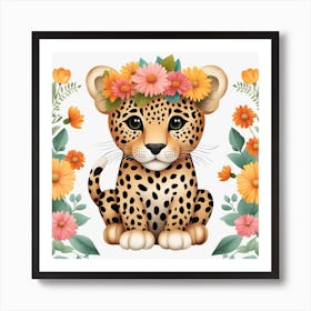 Floral Baby Jaguar Nursery Illustration (27) Art Print