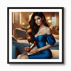 Beautiful Woman In Blue Dress Using Laptop Art Print