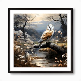 Barn Owl Above Countryside Stream 1 Art Print