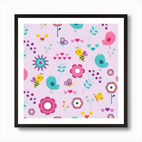 Pink Flowers And Birds Art Print