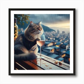 Cat Drinking Wine In The Rain 2 Art Print