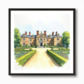 Watercolor Illustration Of The Petworth House In West Sussex, Featuring Its Grand Architecture And Extensive Gardens Art Print