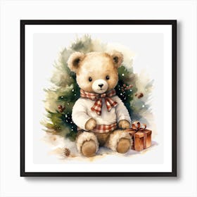 Teddy Bear With Christmas Tree Art Print