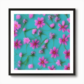 Pink Flowers On A Turquoise Background Art Print