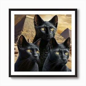 Three Black Cats In Front Of Pyramids Art Print