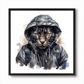 Watercolour Cartoon Panther In A Hoodie 1 Art Print