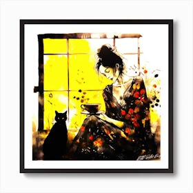 Cat Companions - Kimono And Cat Art Print