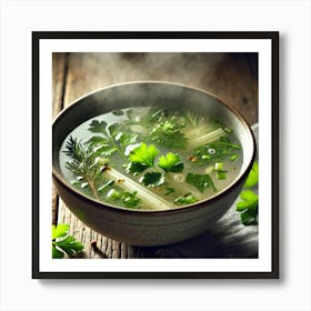 A Close Up Of A Steaming Bowl Of Water Based Broth Art Print