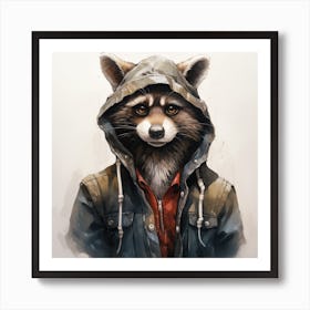 Watercolour Cartoon Raccoon In A Hoodie Art Print