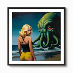 Pop Art Cthulhu with Gorgeous Blonde Art Print