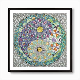 Firefly Beautiful Modern Intricate Floral Yin And Yang Japanese Mosaic Mandala Pattern In Gray, And (7) Art Print