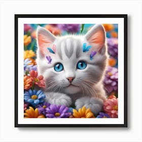 Cute Kitten In Flowers 1 Art Print