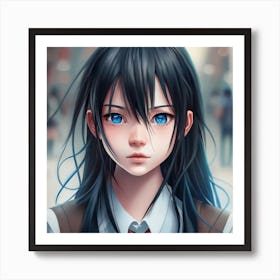 Anime Girl With Blue Eyes And Long Black Art Print