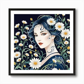 Daisy In The Daisy Garden, Deep Blue, White & Yellow Art Print