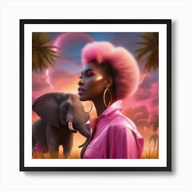 Woman With Pink Hair And Elephants Art Print