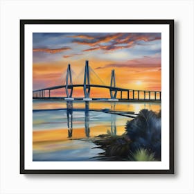 Sunset over the Arthur Ravenel Jr. Bridge in Charleston. Blue water and sunset reflections on the water. Oil colors.13 Art Print