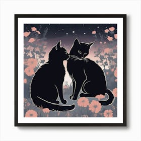 Silhouettes Of Cats In The Garden At Night, Grey, Peach And Black Art Print