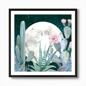 Desert Nights - Succulent Cactus Watercolor Collage Art Print