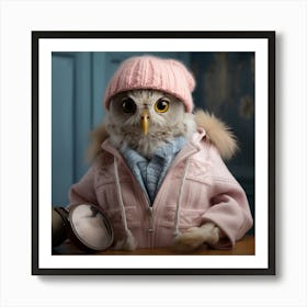Owl In Pink Sweater and scarf Art Print