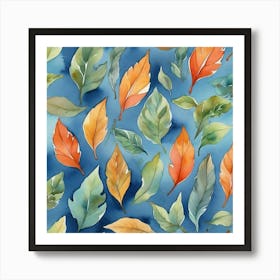 Watercolor Leaves On Blue Background Art Print Art Print