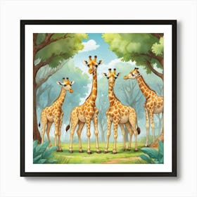 Cute Giraffe Herd Under The Trees Illustration 1 Art Print 1 Art Print