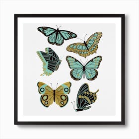 Texas Butterflies   Mint And Gold Square Art Print