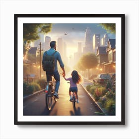 Father And Daughter Riding on Street Art Print