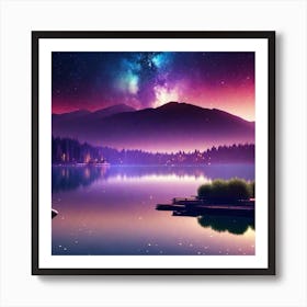 Night Sky Over Lake 4 Art Print