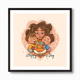 Happy Mother's Day - A Cute Cartoon Style Of A Mother Sitting With Her Son And Daughter Art Print