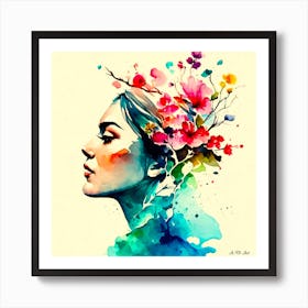 Beautiful Vientnamese Women With Flower Decoration As A Colorful Water Painting Portrait Art Print