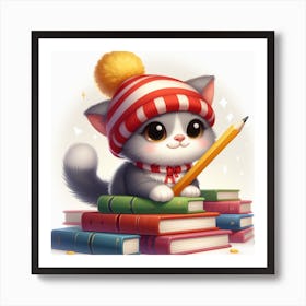 Cute Kitten Reading Books Art Print