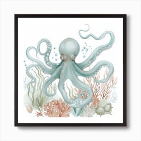 Blue Storybook Style With Seaweed & Coral 1 Art Print