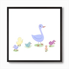 Purple Mummy Duck And Ducklings Square Art Print