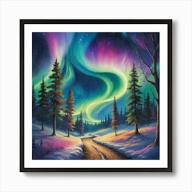 Aurora Borealis Starry Pathway Vibrant Landscape Art W 1 Art Print