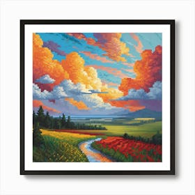 A Landscape Painting With , sun rase pic cell art print Art Print