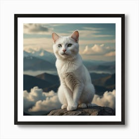 White Cat On Top Of Mountain 1 Art Print