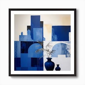Abstract Minimalist Contemporary Art Print - Blue & White Plant Pots Art Print