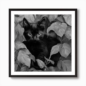 Black and White Black Kitten In Leaves Art Print