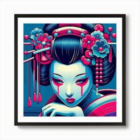 Crying Geisha In Blue And Pink Color Illustration Art Print