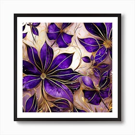 Purple Flowers On A Gold Background 1 Art Print