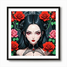 Gothic Girl With Roses 2 Art Print