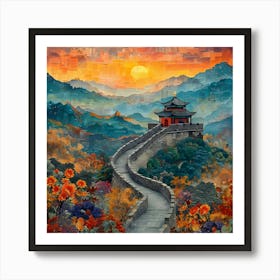 Great Wall Of China at sunset, retro collage Art Print