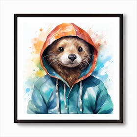 Watercolour Cartoon Otter In A Hoodie 1 Art Print