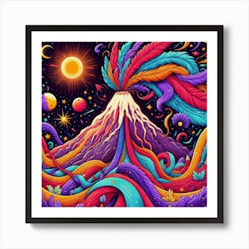 A Mountain With Colorful Streaks Of Ribbon With Purple Feathers Sun And Moon And Star In A Volcano Of Red Flames 2 Art Print