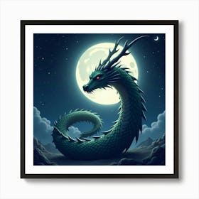 Celestial Dragon Spiraling Around A Glowing Moon In A Night Sky 1 Art Print