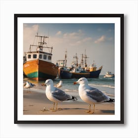 Seagulls On The Beach Art Print